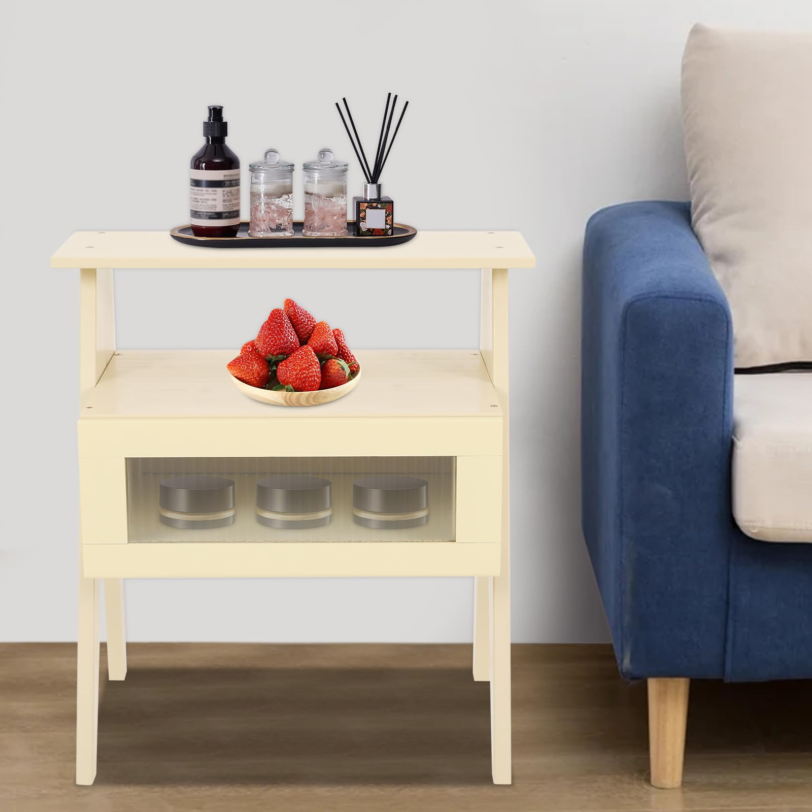 Comodino, tavolino con finestra trasparente e ripiano aperto, gambe in legno, comodino, tavolo con vano portaoggetti per camera da letto, dormitori, 43 x 31 x 50 cm