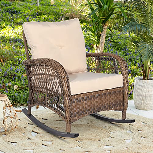 W WARMHOL Outdoor Wicker Rocking Chair with Thickened Cushions All-Weather Rattan Patio Rocking Chairs Rocker Wicker Chair for Backyard & Porch Garden Beige