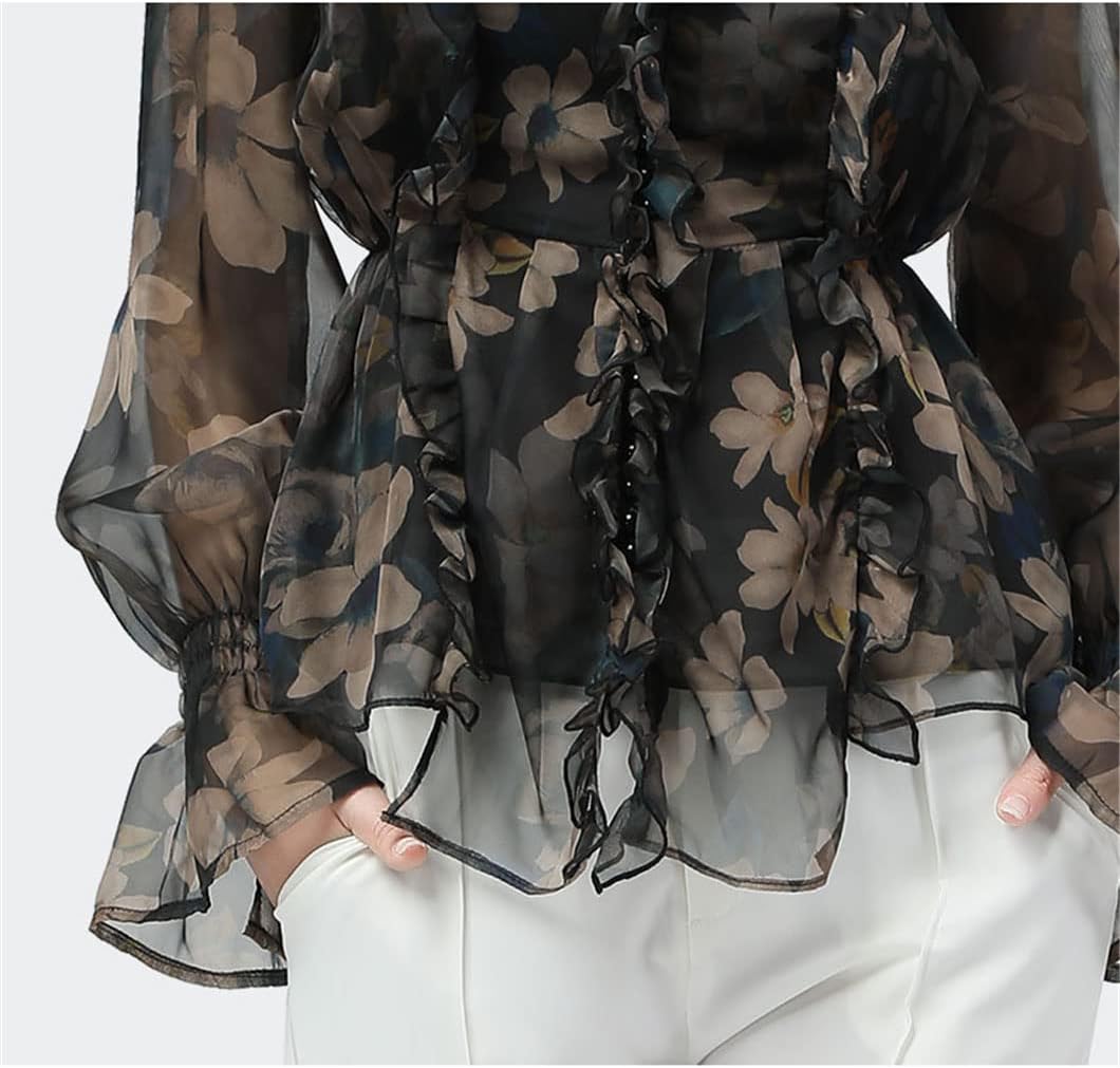 Women Chiffon Floral Print Blouse Elastic Waist Ruffles Tops Vintage Casual Shirt