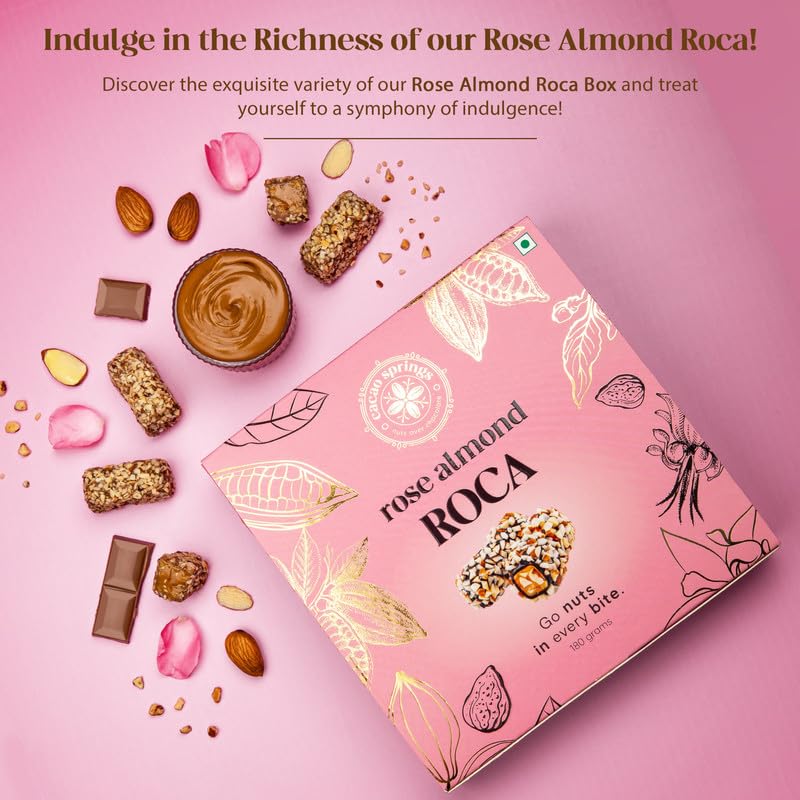 Image of Cacao Springs Premium Rose Almond Roca Chocolates for Healthier Snacking, Premium Choco & Nut Delicacy Treats, Premium Gift Hamper for Christmas Gifts, 15 Pieces in Each Box, 1 Box, 180gm