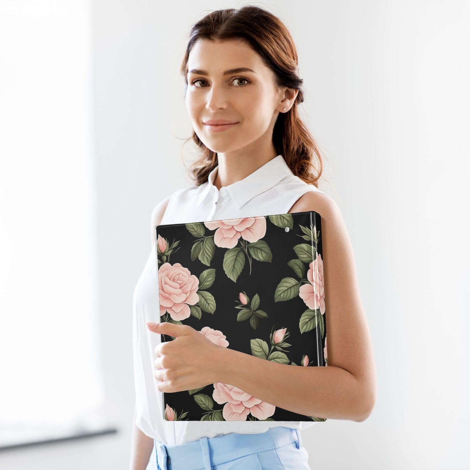 Raccoglitore a 3 anelli con stampa floreale rosa e rosa, 3,8 cm, contiene 200 fogli con 3 tasche interne in PVC trasparente, per scuola e ufficio