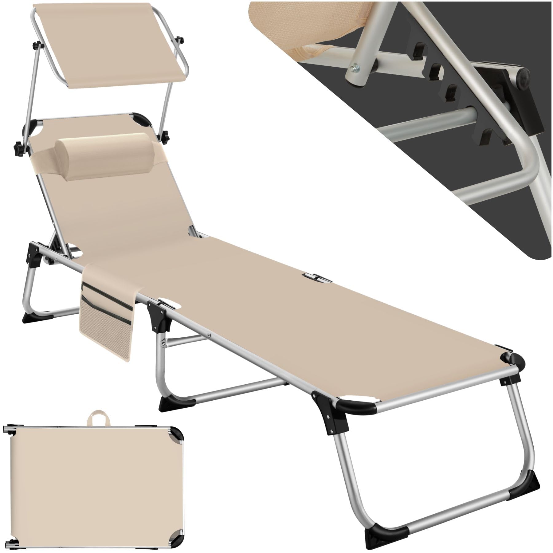 TecTake® Tumbona Jardín Exterior de Aluminio, Tumbona Plegable con Reposacabezas, Parasol y Bolsillo Lateral, Tumbona Playa Reclinable en 6 Posiciones, Tumbona Piscina Resistente a Intemperie - Beige
