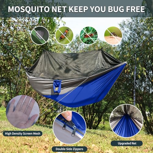 Image of Camping Hammock with Net,Portable Lightweight Double Hammocks with Tree Straps and Solid D-Shape Carabiners,Parachute Nylon Hammock for Backpacking Beach Backyard Patio Hiking Blue&Grey
