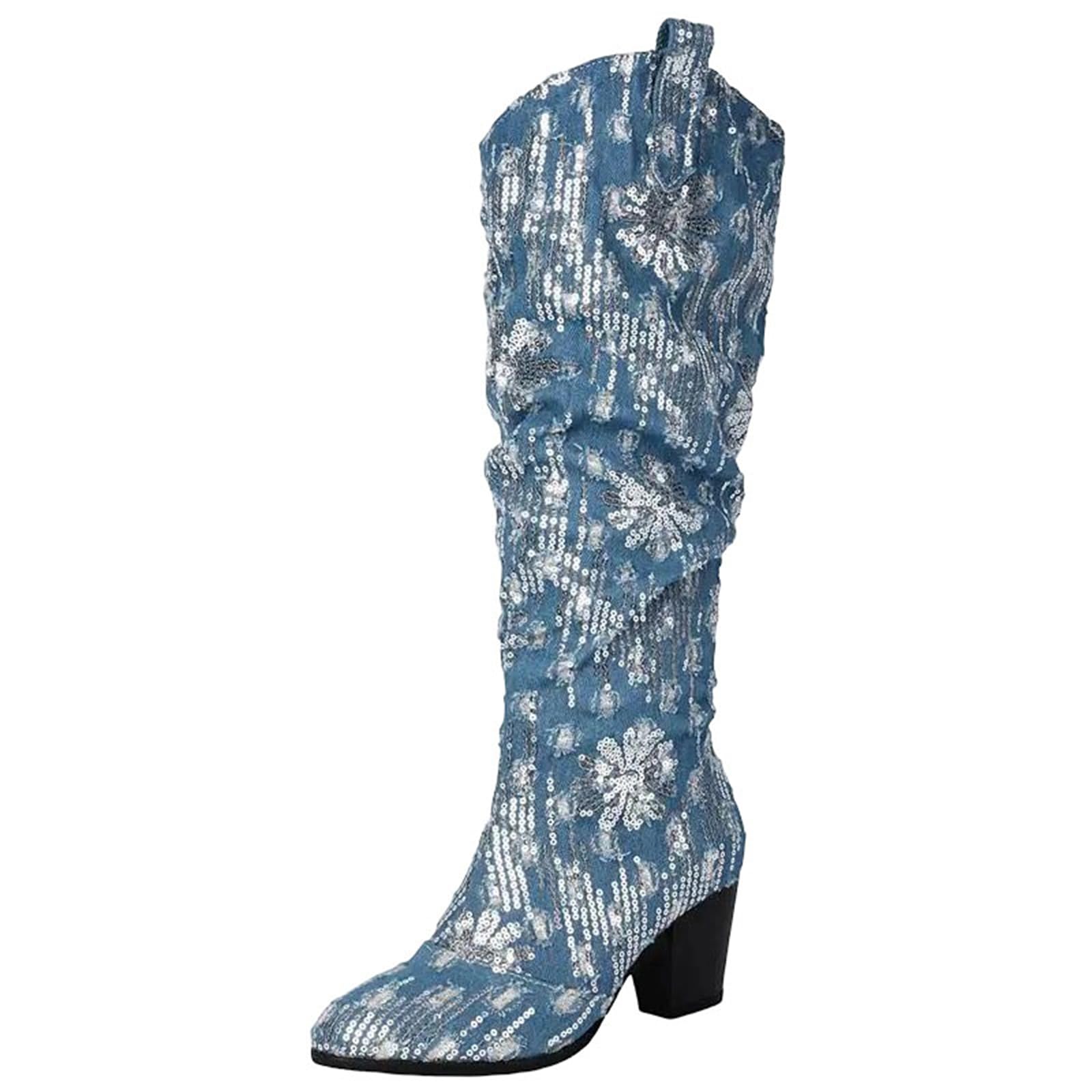 Womens Novelty Knee High Boots With A Round Toe High Block Heel Featuring A Sparkling Bling And Easy
