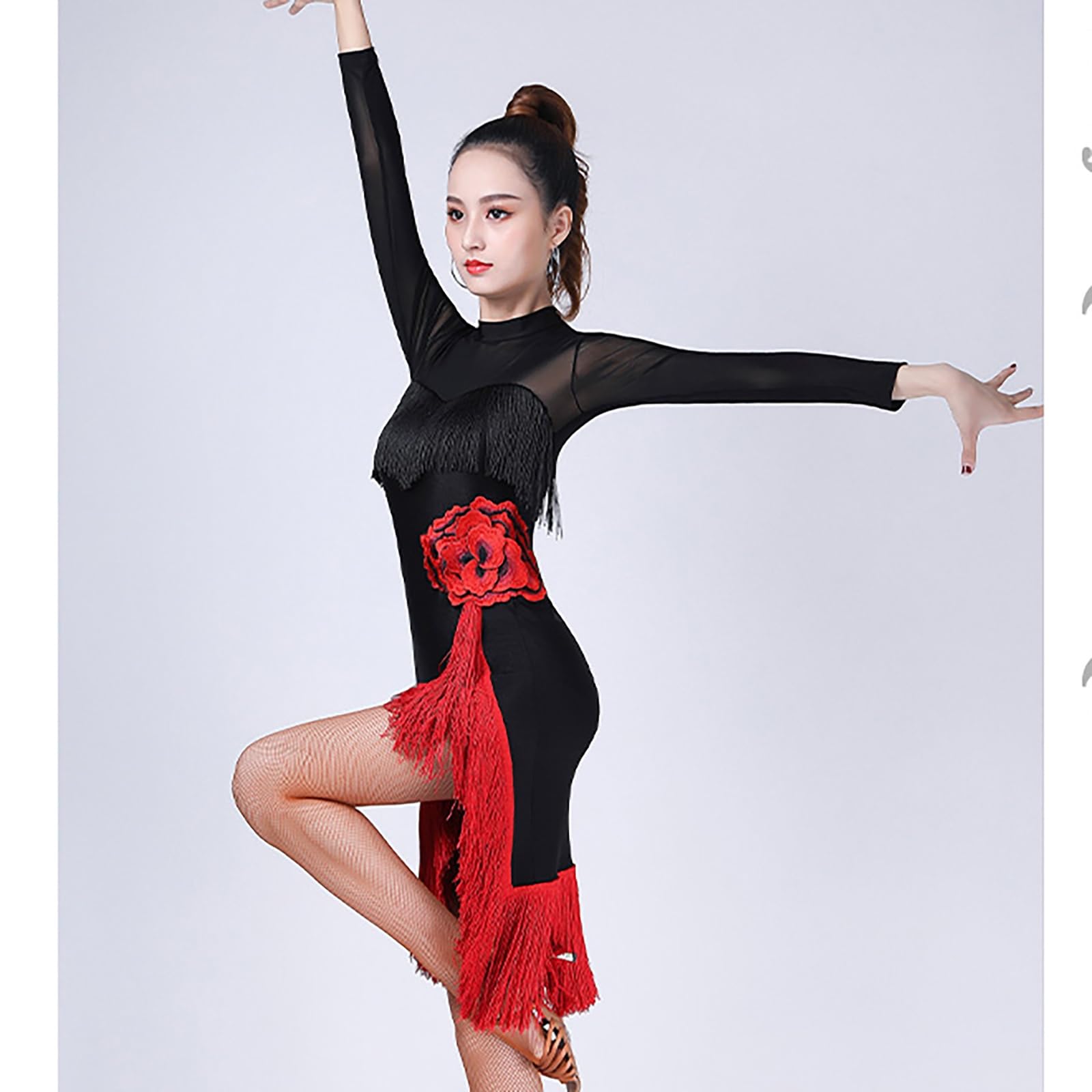 MEECHI Robe De Danse Latine Femme Dress De Danse Latine Rouge À Broderie Florale Jupes De Danse À Franges Irrégulières for Rumba Samba Tango Jazz Costumes De Danse Professionnels for Fête