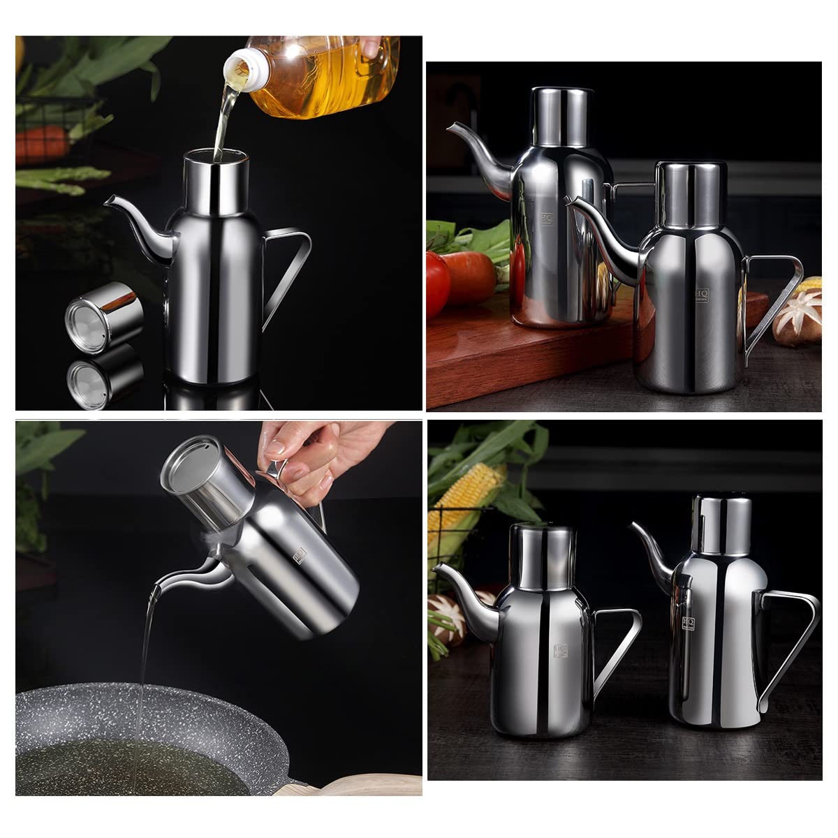 Dispensador de aceite de oliva de acero inoxidable, botella de cocina a prueba de fugas con boquilla antigoteo y asa para verter y dispensar fácilmente aceite y vinagre