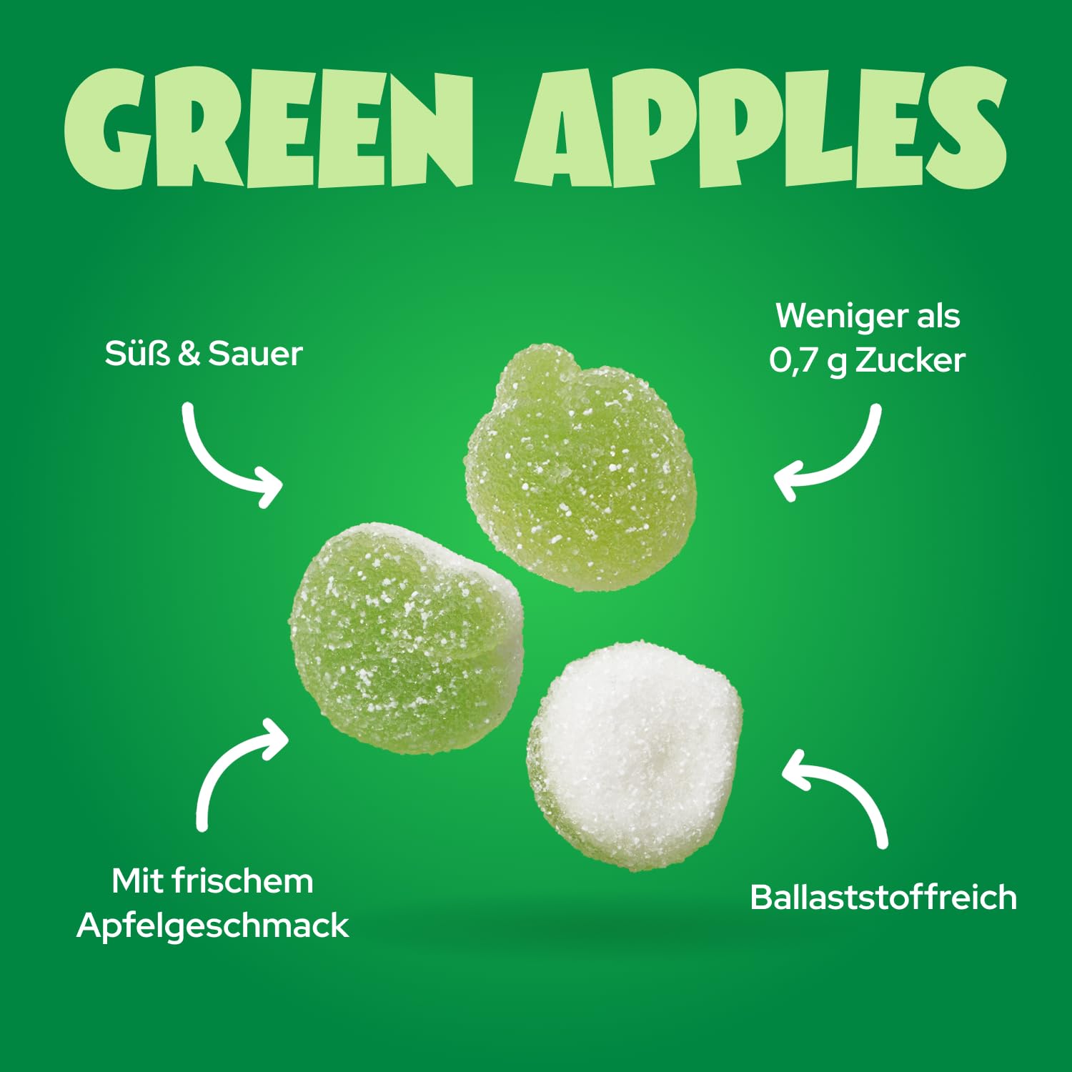 ahead Green Apples Gummibärchen | Apfelgeschmack Fruchtgummi 18 × 50g | Gummibärchen ohne Zuckerzusatz | Nur 1g Zucker & 72 kcal pro 50 g | Kalorienarme Süßigkeiten & ballaststoffreich - 4