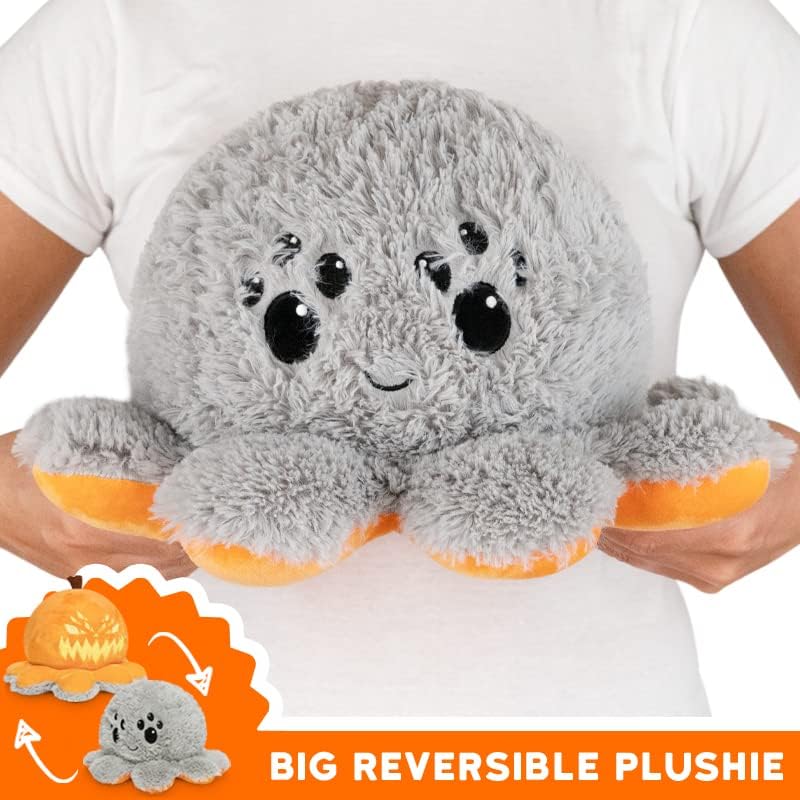 Miniatura 3 de TeeTurtle - El peluche de araña grande reversible original Diseño patentado Gris  naranja Feliz  Jack-O-Lantern Muestra tu estado de ánimo sin decir