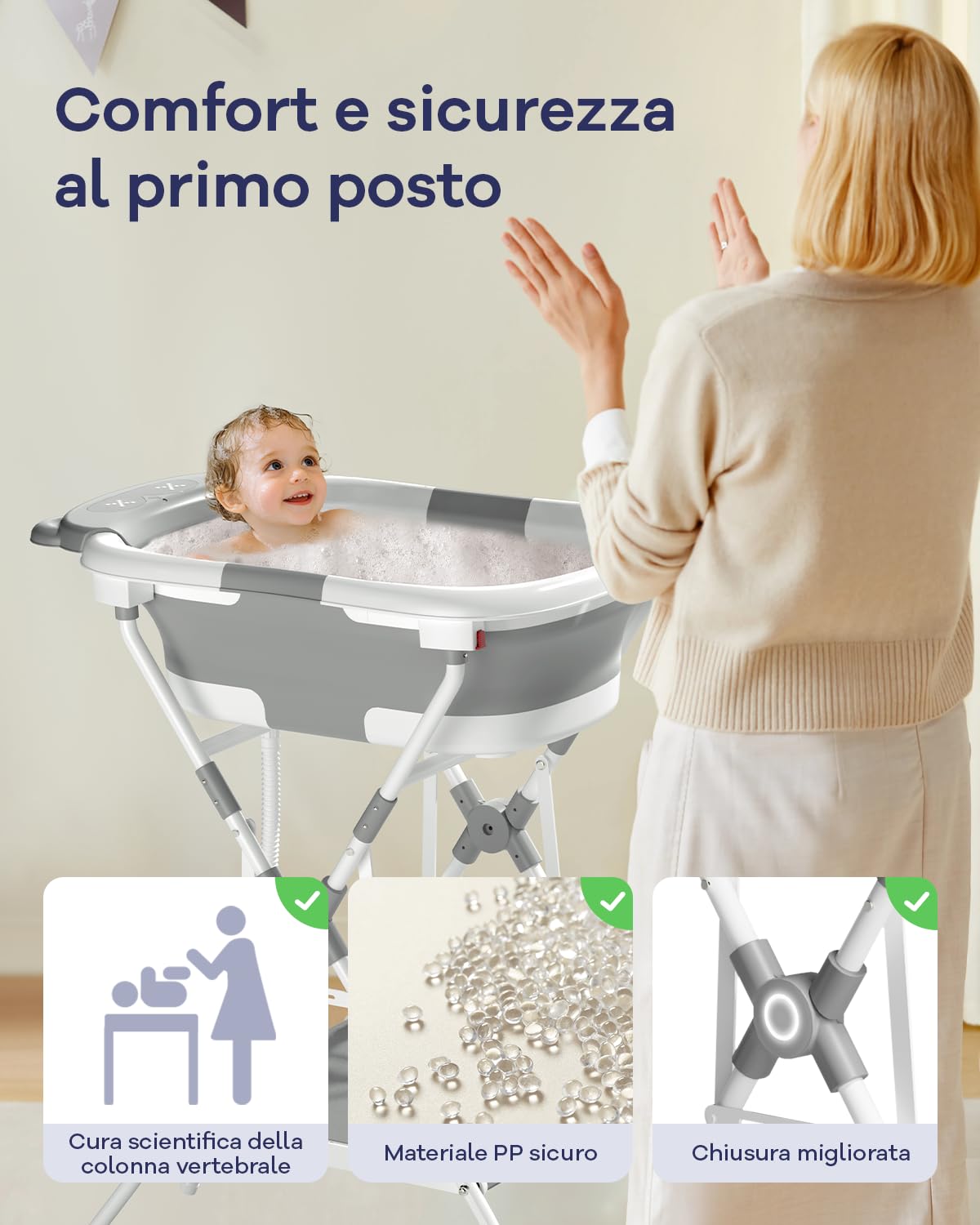 COOSEYA 2 in 1 Vasca da Bagno per Neonati con Supporto, Vasca Pieghevole per Neonati e Rete di Supporto, Adatta da 0 a 18 Mesi, Compatta e Facile da Trasportare, Grigio