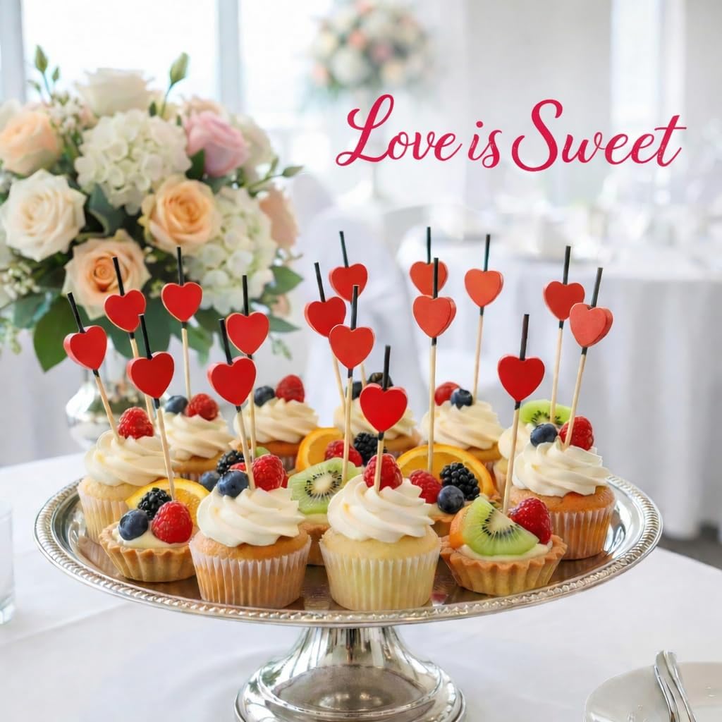 100pcs Red Heart Bamboo Cocktail Picks,4.7 Inch Valentine's Party Wedding Decoration Toothpicks for Appetizers,Fruit,Drinks,Dessert,Cocktail Garnish