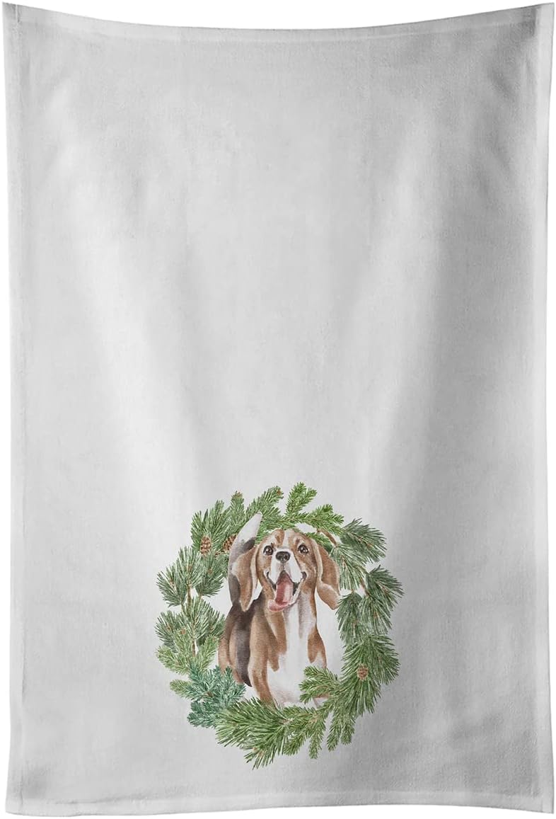 Caroline's Treasures CK8817WTKT Beagle Smiling Christmas Wreath White Kitchen Towel Set of 2 Dish Towels Decorative Bathroom Hand Towel for Hand, Face, Hair, Yoga, Tea, Dishcloth, 19 X 25, White