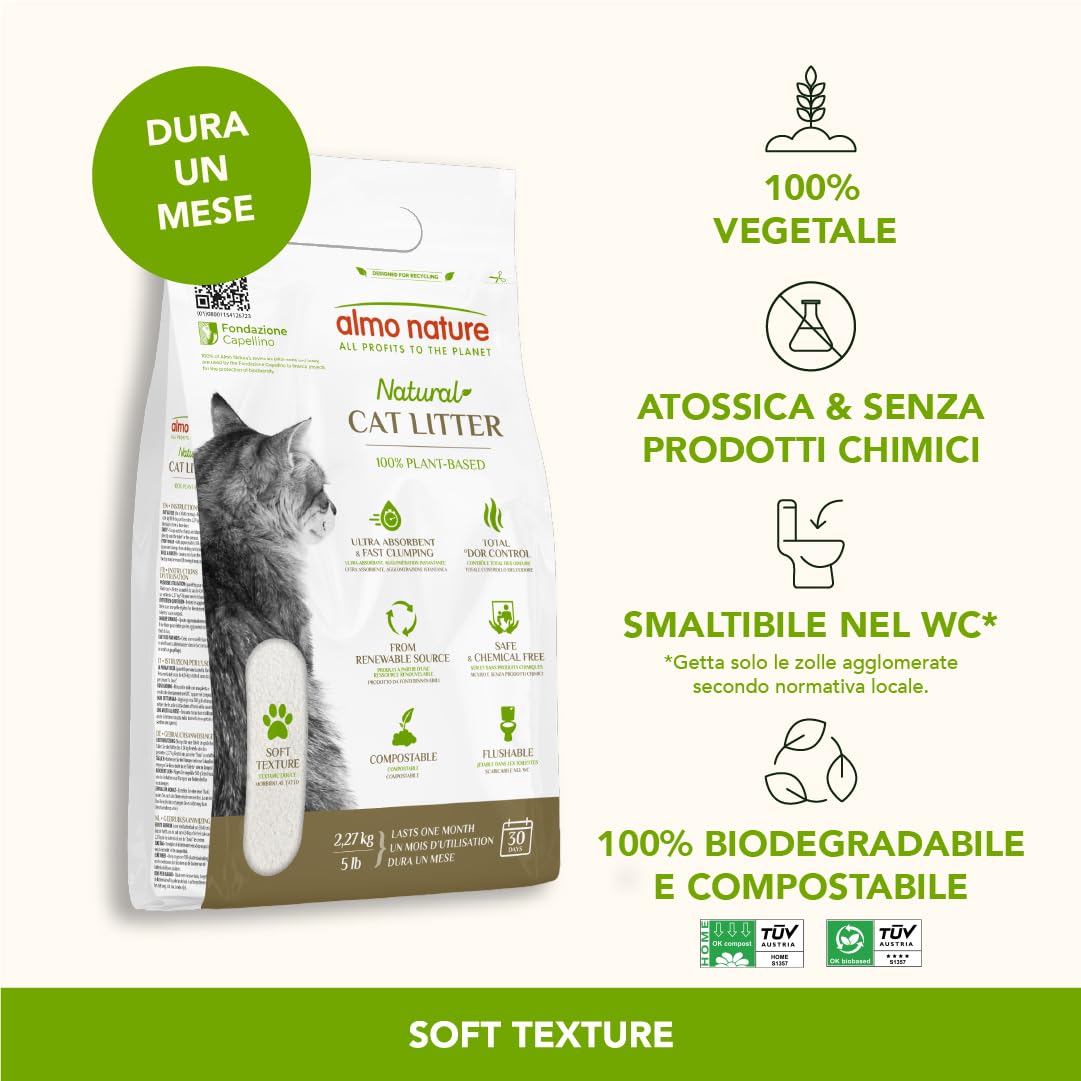 Almo Nature Cat Litter - Soft Texture | Lettiera A Trama Finissima Per Gatti, 100% Vegetale, Certificata Biodegradabile e Compostabile | Agglomerante | Copre gli Odori | Compatibile con Robot – 2.27Kg