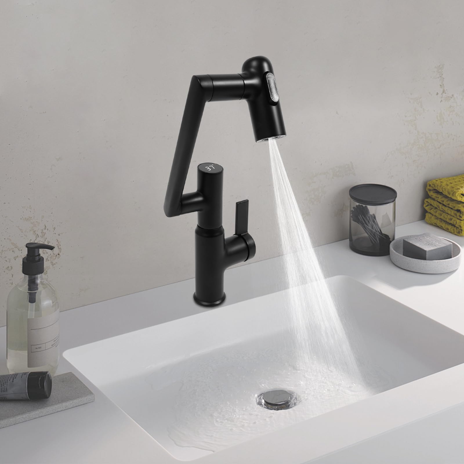 Grifo giratorio de cocina con indicador de temperatura LED, 3 modos de salida de agua, grifo de latón multifuncional para apartamentos, baños, cocina (negro)