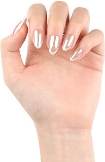 Press On Nail, French Tip Chrome Acrylic Press On Nails Short Almond, Designer Reusable Glazed Fake Nails, Glossy Soft Gel Nails Wedding and Party, Stick On Glue On Nails Press Ons for Women