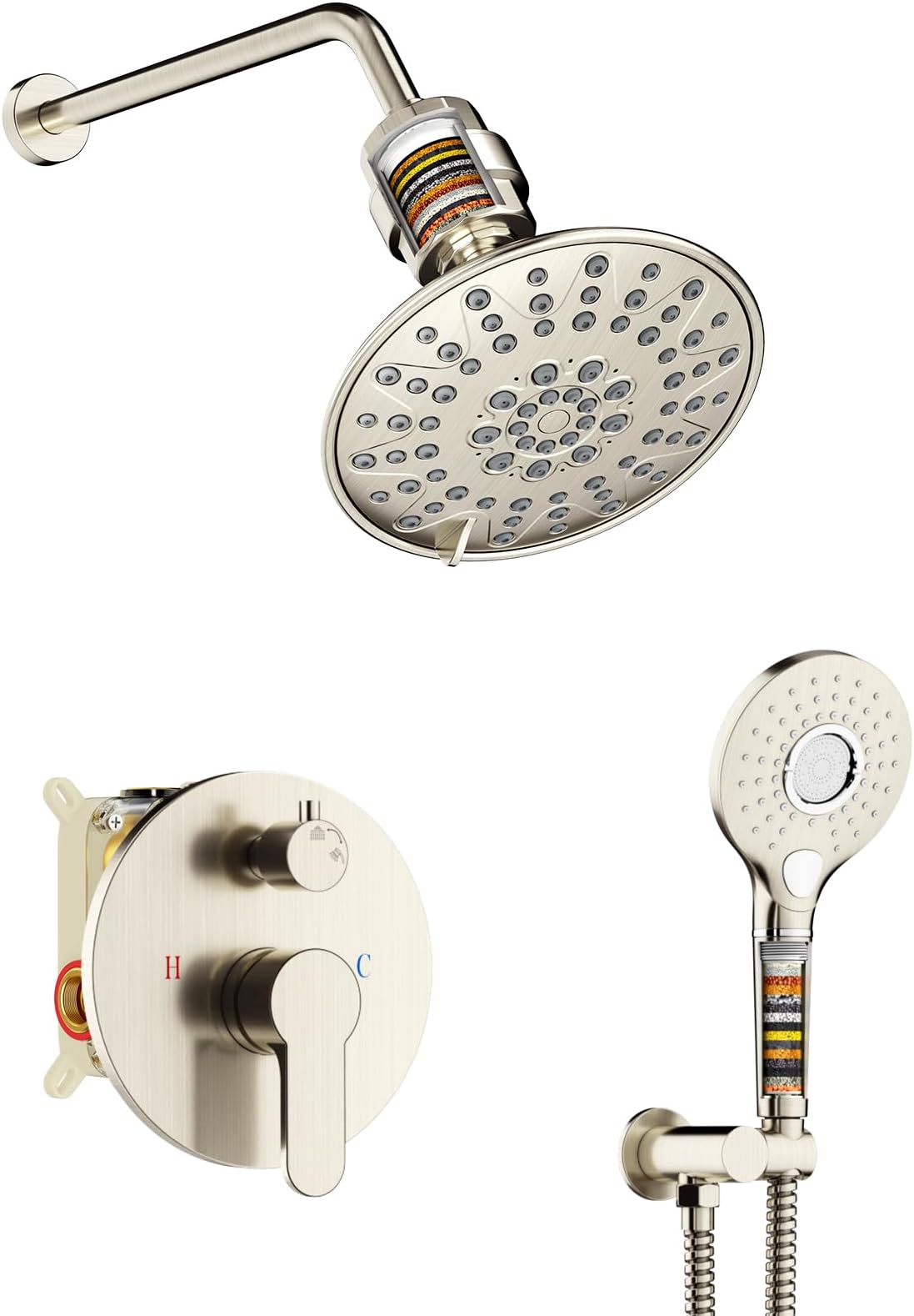 SunCleanse Shower System - 6 Inch Dual Filtered Rainfall Shower Head Combo- High Pressure 3 Spray Mode Showerhead-Included Rough in Valve and Trim Kit, Brushed Nickel