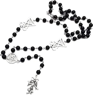 Baphomet Rosary Necklace Satanic Leviathan Rosary Necklace Lucifer Sigil Small Rosary Style Necklace Black Beads Black Rosary Necklace for Men Women Gothic Long Fashion