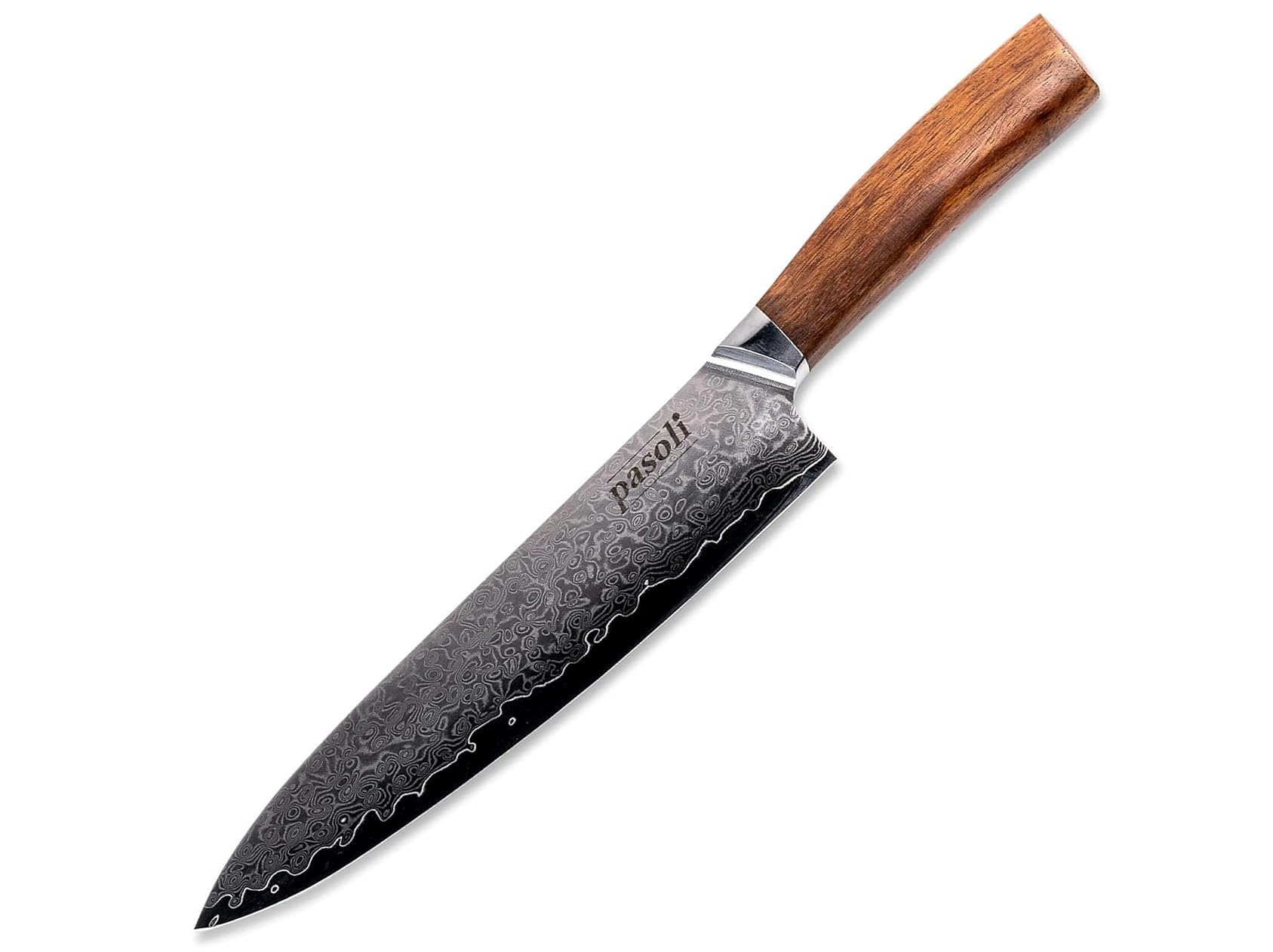Pasoli Coltello da Chef Professionale - Coltello da Cucina in Acciaio Damasco Giapponese, Lama Damasco e Manico in Legno - Lama Affilata per Tagliare, Affettare, Tritare - Lungo 20cm, 67 Strati, VG-10