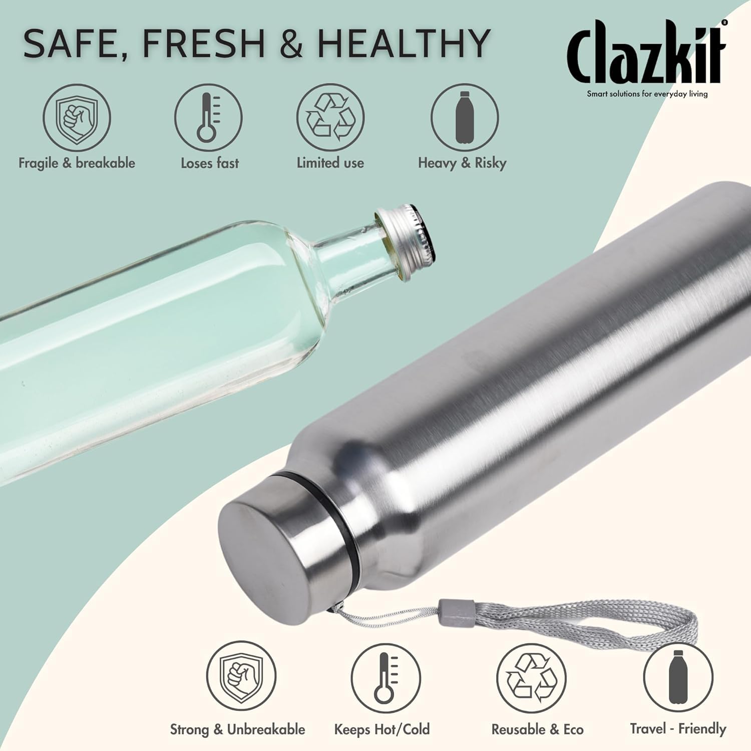 Clazkit Water Bottle Stainless Steel Sports/Fridge Bottle with Leak Proof Lid | Single Wall | For Home, Office, Gym, Travelling | Lightweight | BPA Free |Set Of 1-750ml | Silver) — Amazon image 5