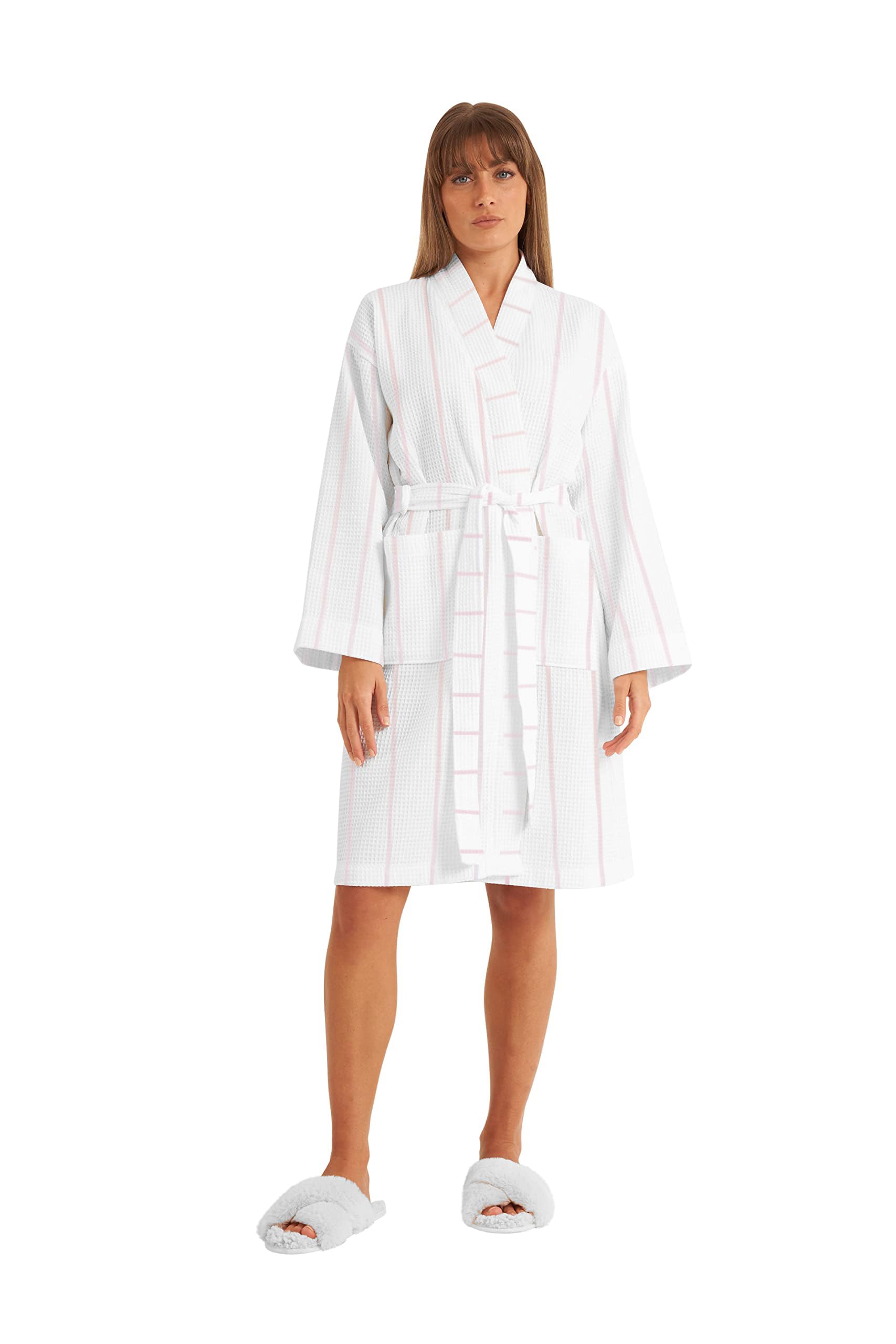 Cotton Trendladies White Pink Stripe Waffle Dressing Gown 100 Turkish |  Desertcart QATAR
