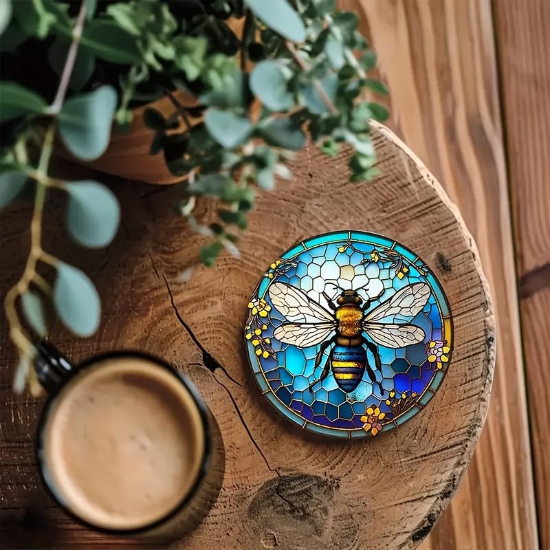 Image of 6pcs Artistic Bee and Floral Wooden Coasters - Painted Glass Effect, 3.93x3.93 Inches - Perfect for Coffee Cups, Home Decor, and Unique Housewarming Gifts, Bee Decor