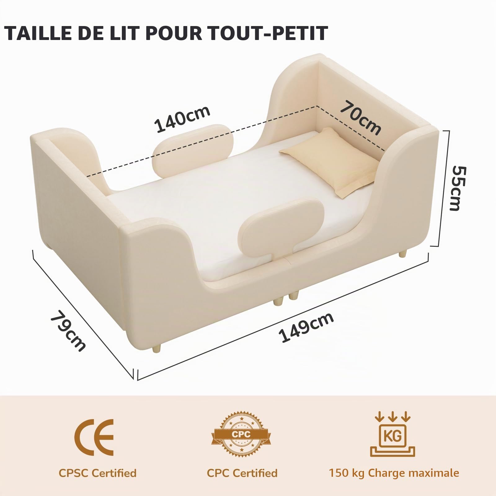 Lit pour petits enfants, Cadre de lit pour enfants rembourré souple, Lits d'enfants avec protection extra-large, Lits d'enfants pour filles et garçons (sans matelas)