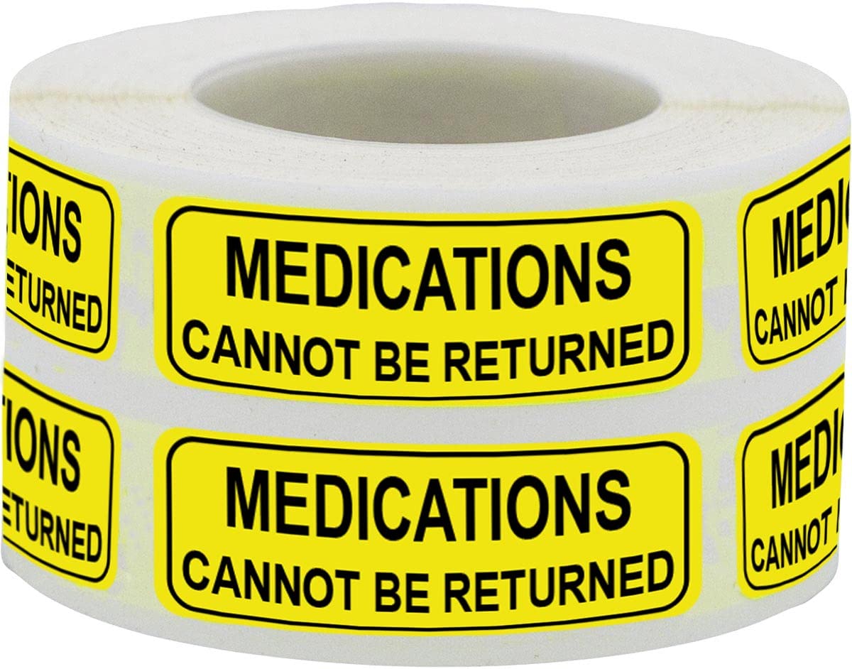 Fluorescent Yellow Medications Cannot Be Returned Stickers Veterinary Labels Medication Instruction Labels for Medical Containers Pharmacies Hospitals 1/2 X 1.5 Inch 500 pcs/Roll