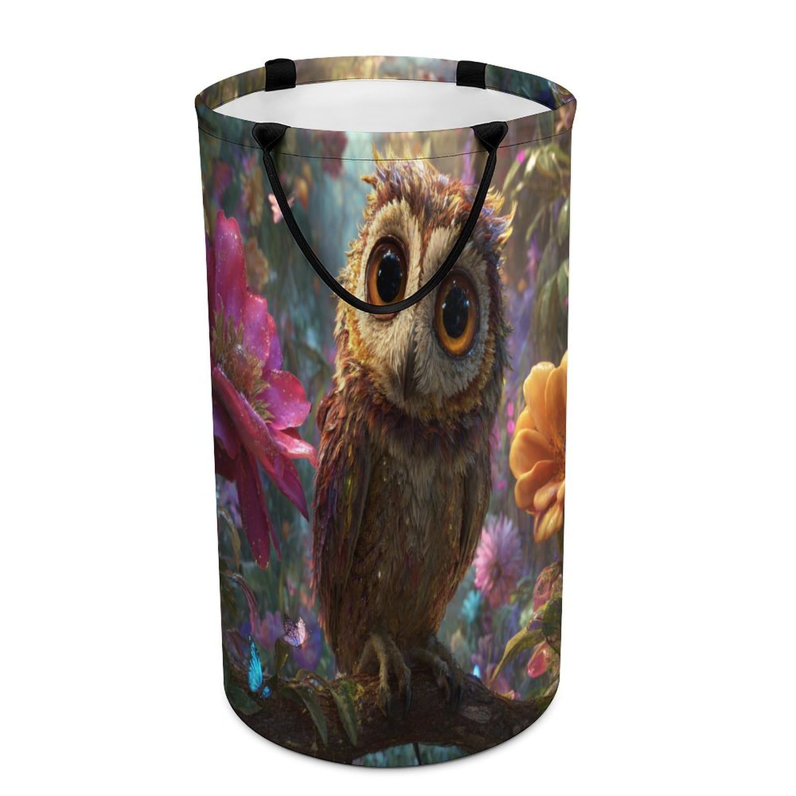 LUYYSKY Vintage Classic Cute Owl Collapsible Dirty Clothes Basket, Realistic Watercolor Forest Plant Floral Animals Owl Pattern Portable Clothes Storage Basket