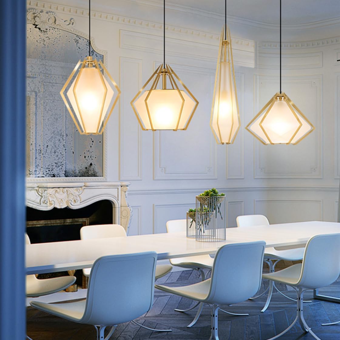 White Frosted Glass Pendant Light Fixture Gold Cage Pendant Lights Kitchen Island Lighting Diamond Shaped Mid Century Modern Hanging Ceiling Light with Metal Cage