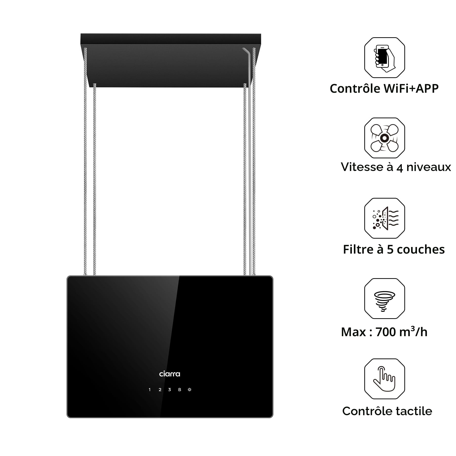 Ciarra Hotte îlot Centrale A+++ 700m ³/ h 48cm - Hotte Aspirante 4 Vitesses - WiFi&APP - Filtre à Charbon Inclus - 2 Niveaux de Luminosité LED - Hotte Suspendue Recyclage - CBCB4850