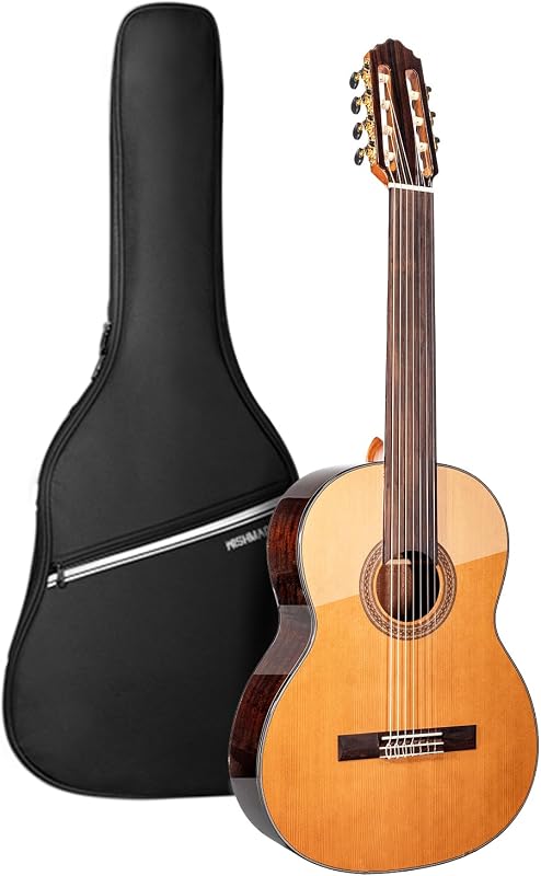 Guitarra clásica acústica de nailon sin trastes de 7 cuerdas con funda | Tapa de cedro rojo, diapasón de palisandro, cuerda adicional en Si grave para música clásica, jazz, flamenco, estilo con los dedos, adultos
