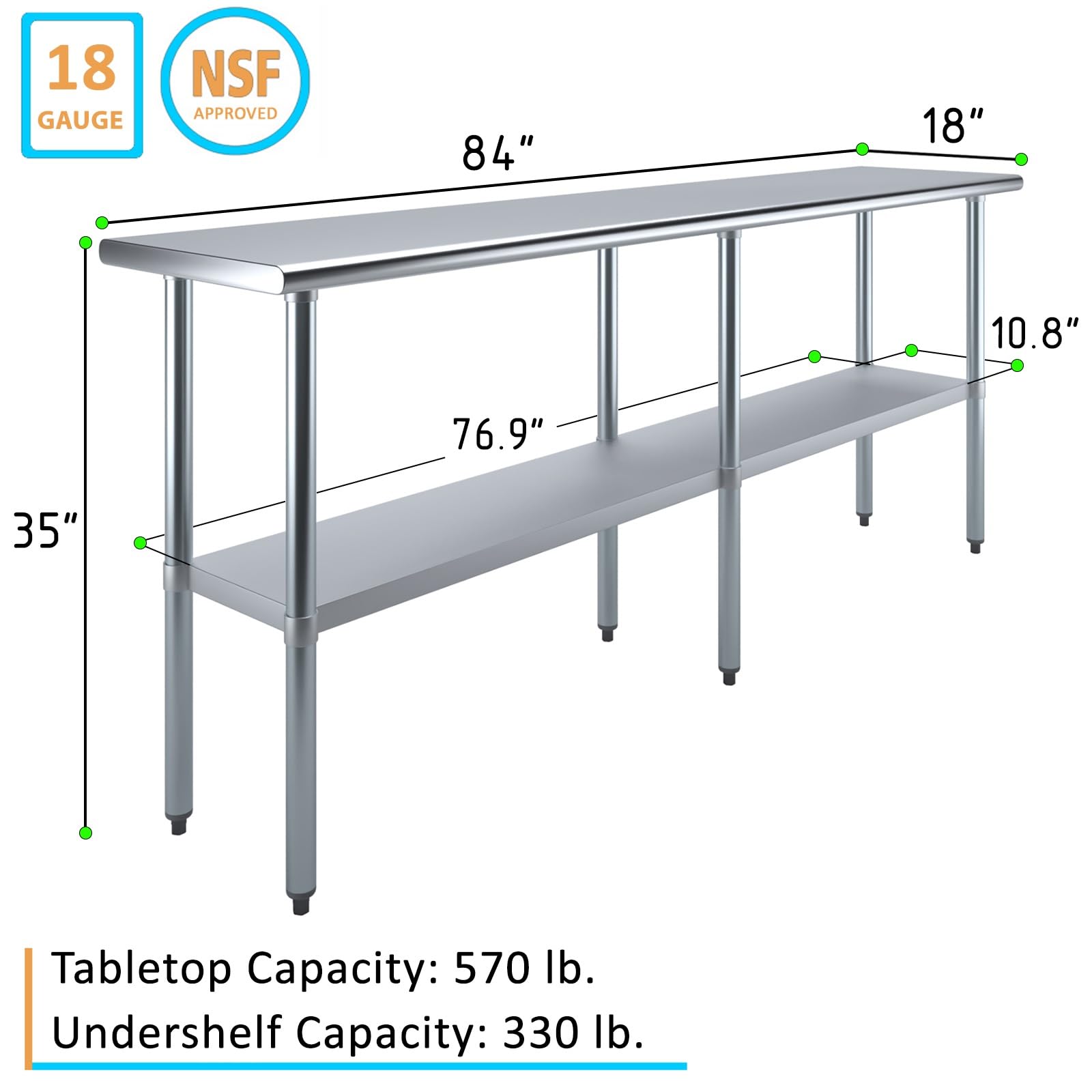 Commercial Stainless Steel Food Prep Work Table 18”x84”