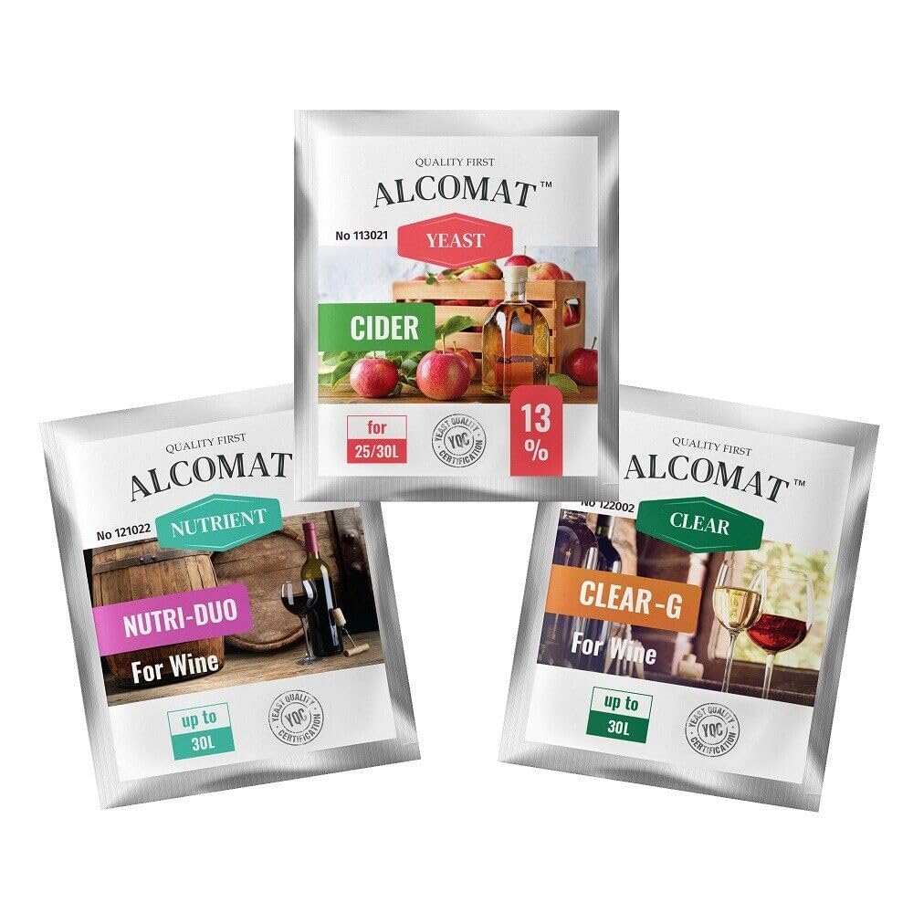 Alcomat Cider drożdże kompletny zestaw do 25/30 l cydrów - drożdże winne z klarownikiem do wina i solą odżywczą - suche drożdże fermentacyjne temperatura 10-30°C - tolerancja alkoholu do 13%