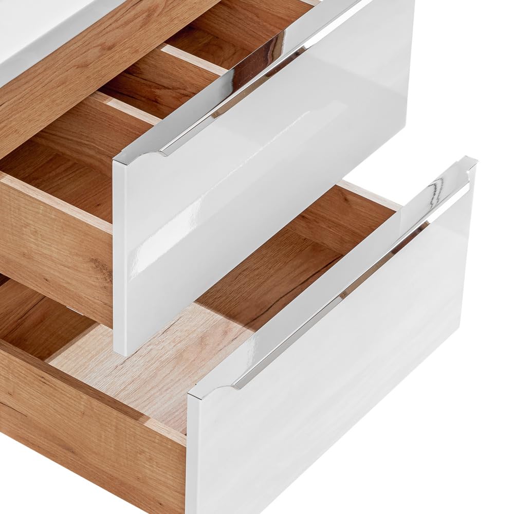 Lomadox Doppel-Waschtisch Set, Unterschrank Hochglanz weiß Wotaneiche, 2 Keramik-Waschbecken, 4 Softclose-Schubkästen, Regal, B/H/T ca.: 141/74,5/46 cm