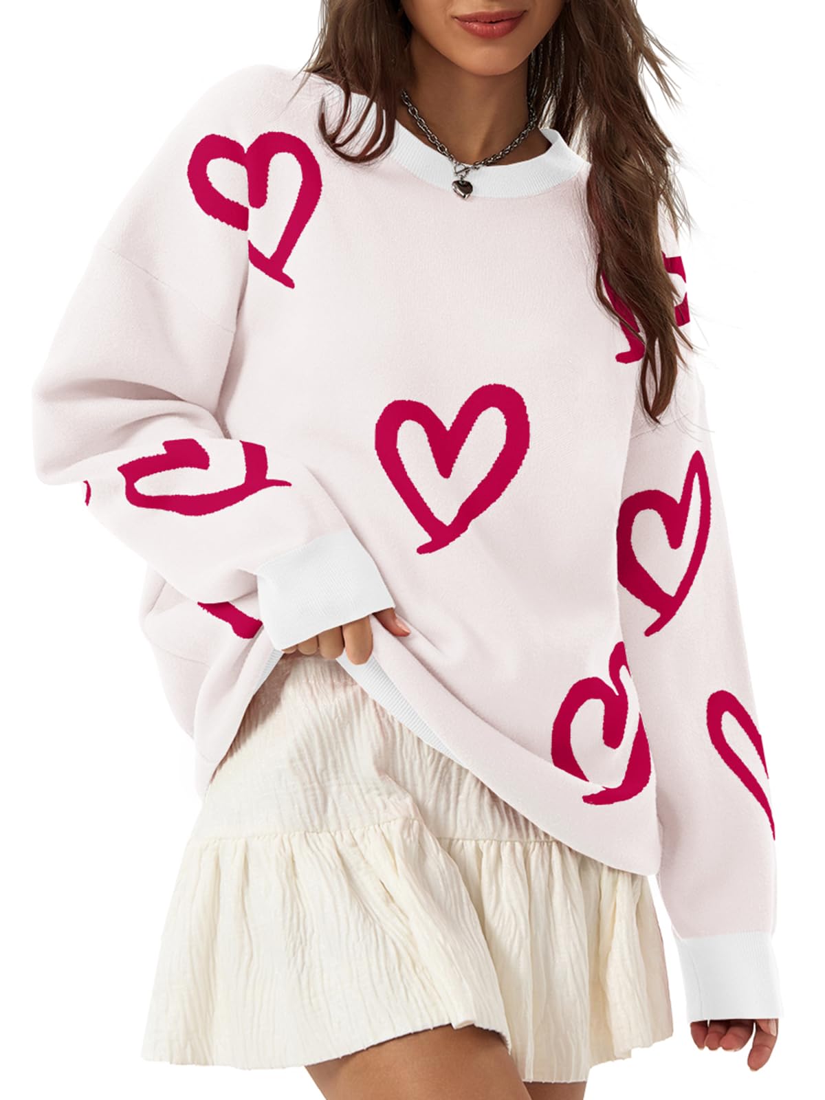 Womens Oversized Heart Sweater Crew Neck Long Sleeve Knit Cute Valentines Pullover Sweaters