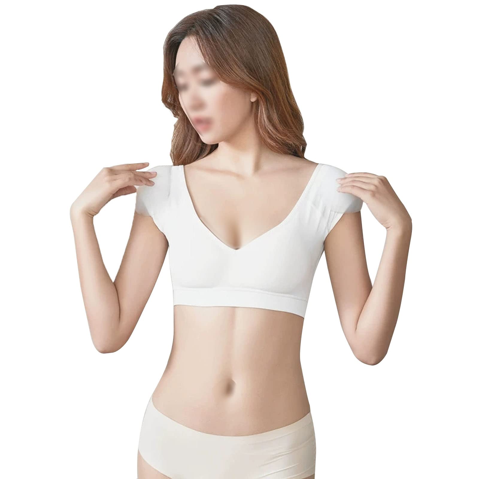 Womens Summer 2 in 1 Built-in Fake Shoulder Padded Short Sleeve T-Shirts Tops(S,White)