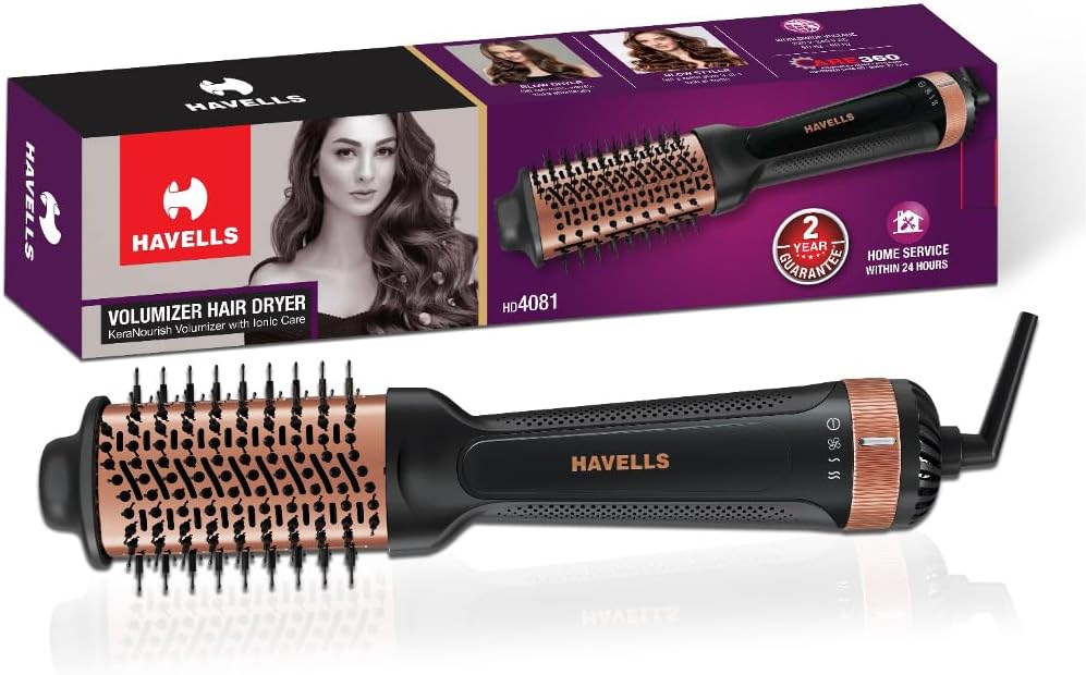 HD4081 Professional Volumizer Hair Dryer, KeraNourish Ceramic Coating Brush Head, 1200 Watts, Ionic Care, Nylon Bristles,Cool Tip with Stand Support