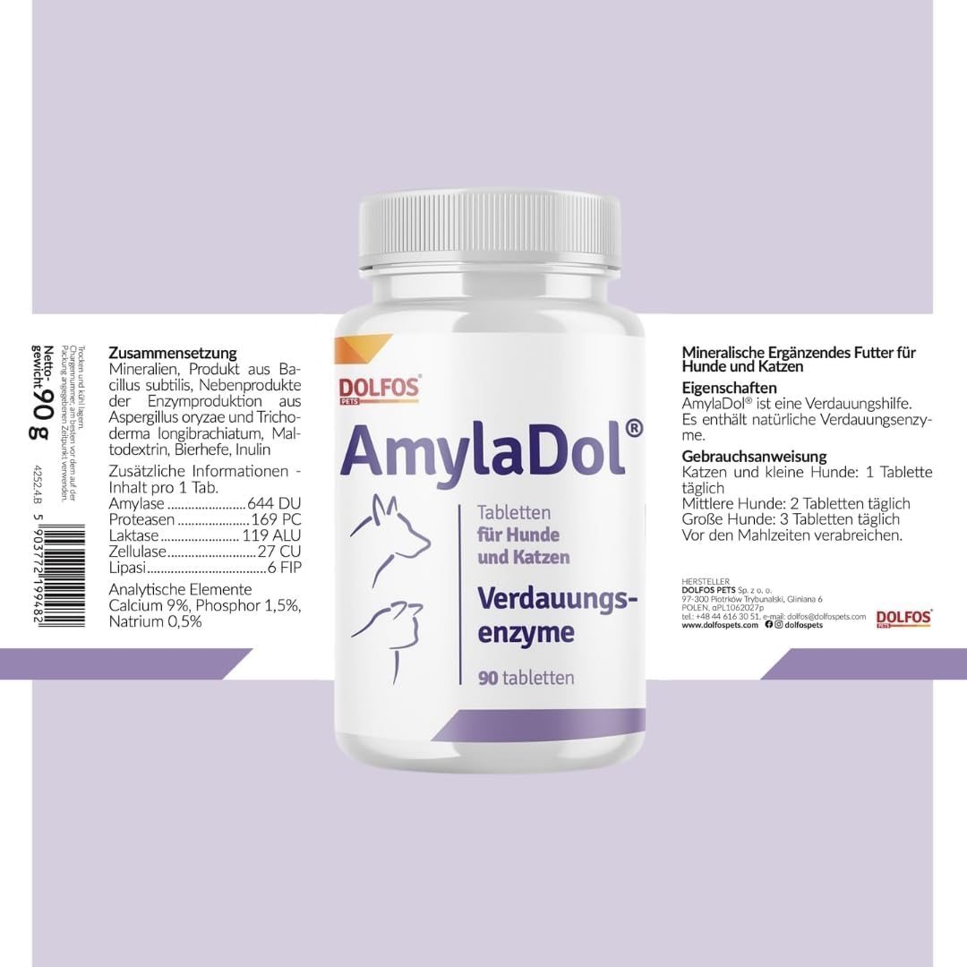 AmylaDol Verdauung Hund 90 Tabletten, Natürliche Verdauungsenzyme einschließlich Amylase, Lipase und Protease. Diätetisches Nahrungsergänzungsmittel bei Verdauungsstörungen bei Hund und Katze