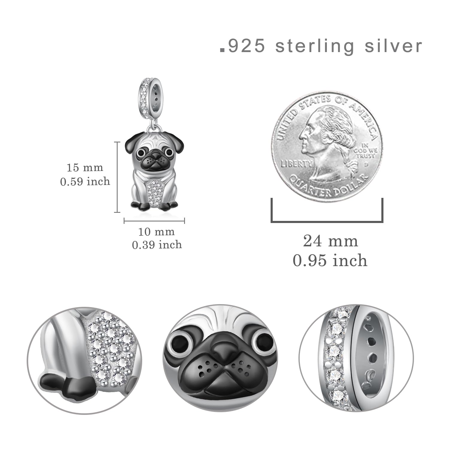 Pug Charm 925 Sterling Silver Dog charmes pour Bracelets bijoux Pug cadeaux pour les femmes amoureux des chiens