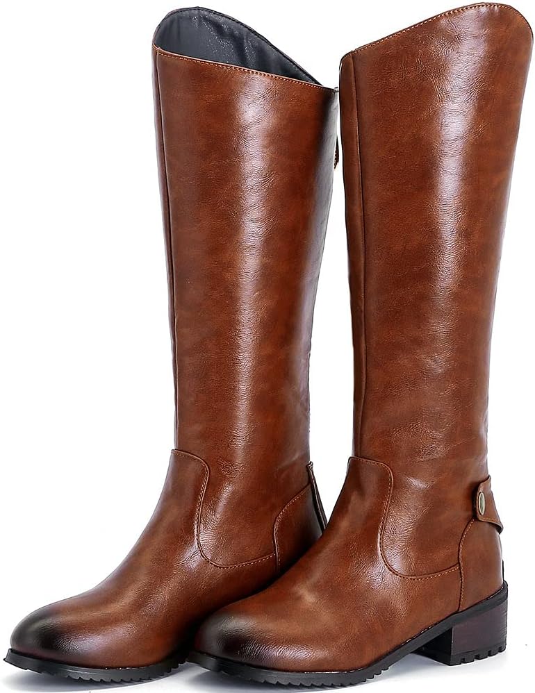 KOKOMOMO Womens Back Zip Chunky Low Heel Knee High Riding Boots