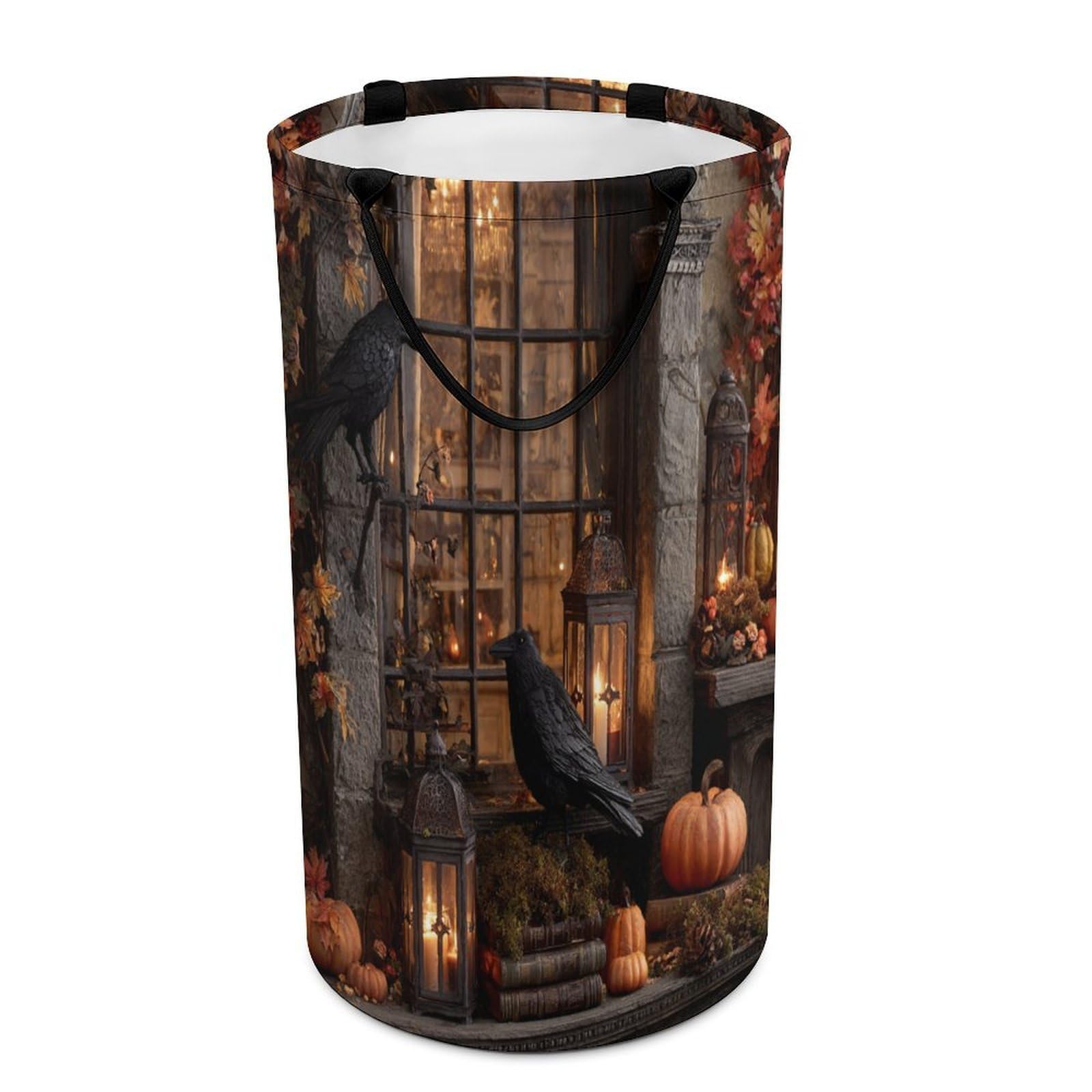 LUYYSKY Classic Abstract Gothic Crows Versatile Storage Laundry Basket, Modern Watercolor Halloween Animals Raven Maple Leaves Pumpkins Large Capacity Bathroom Hamper With Handle
