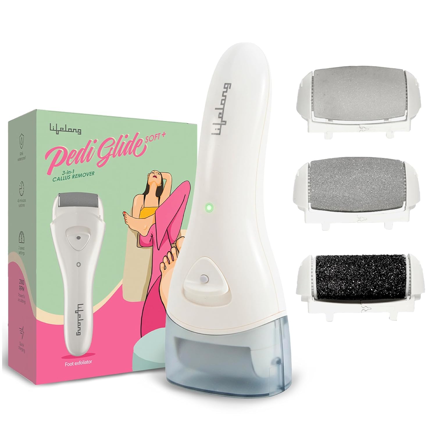 Lifelong PediGlide Soft+ 3-in-1 Callus Remover For Feet | Electronic Foot Scrubber for Dead Skin | 3 Changeable Roller Heads | Focus Light | Dual Speed Settings | Crack Heel Repair Pedicure Machine