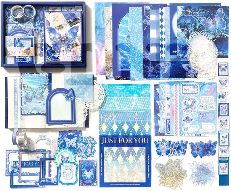 Image of GDNK Scrape Book Kit Scrapbooking Kit Vintage Journal Scrapbook Pack DIY Paper Stickers, Craft Kits Notebook, Collage Album Aesthetic Sticker Journaling Scrapbook Photo Album (Blue Butterfly)