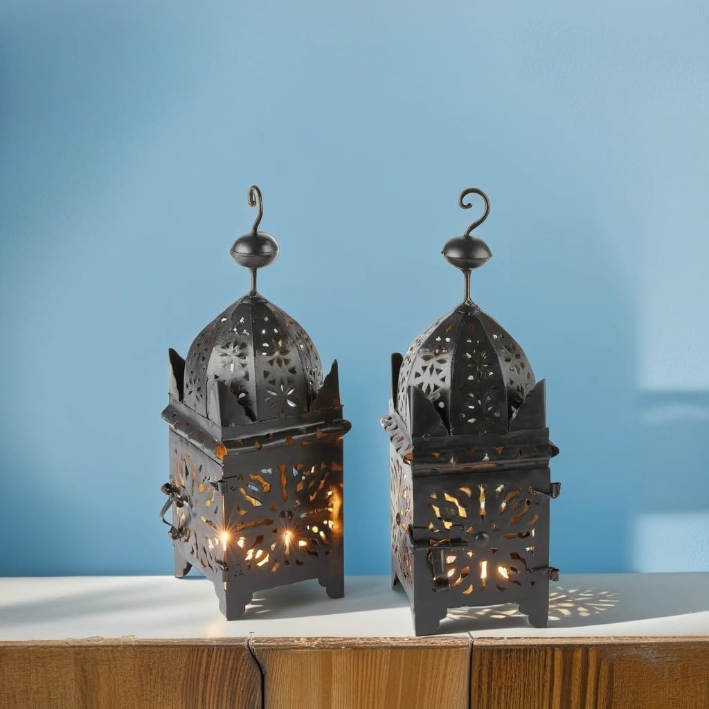 2er Set Orientalische Gartenlaterne Frane, 42 cm hoch, Schwarz – handgefertigte Marokko-Kunst