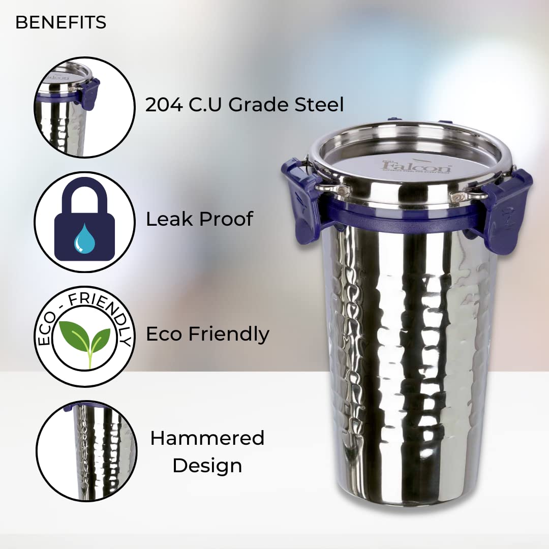 PDDFALCON EcoNxt Stainless Steel Tumbler/Glass Set with All-Steel Lid, Extra Clamp,Zero Plastic Contact,100% Leakproof BIS Certified,Jindal Seal & Made In India Ideal for Office, Gym, Travel (450ml H) 2