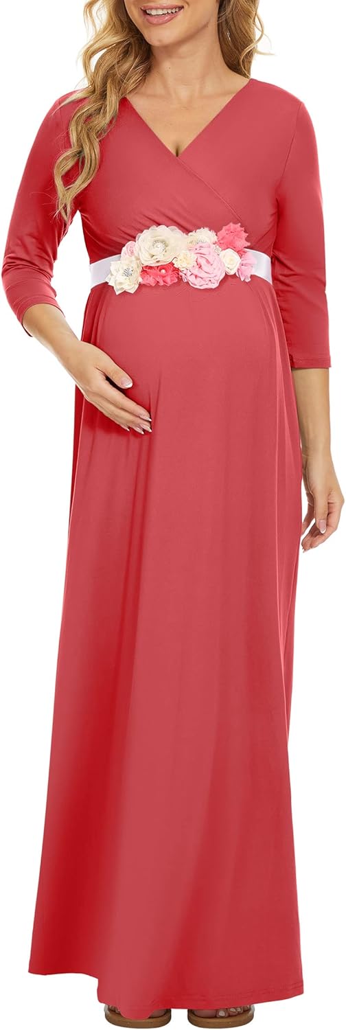 KIM S Maternity Maxi Dress with Flower Sash(S-3XL)/Wrapped Ruched V Neck Photoshoot Baby Shower Dresses