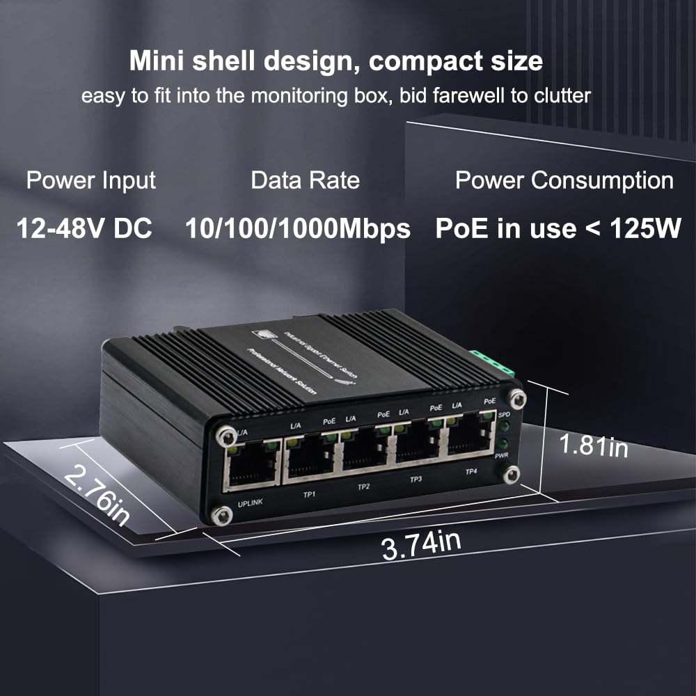 5-Port PoE Gigabit Ethernet Switch –Mini Industrial Unmanaged Network Switch with 12–48 VDC Input,DIN-Rail/Wall Mount, Plug & Play,Ideal for CCTV IP Cameras