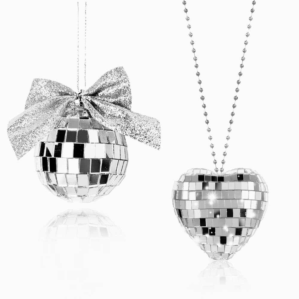 2 Pack Heart Car Mirror Hanger - Bowknot Disco Ball Decor, Mirror Disco Ball Hanging Car Accessory Party Decorations (Silver)