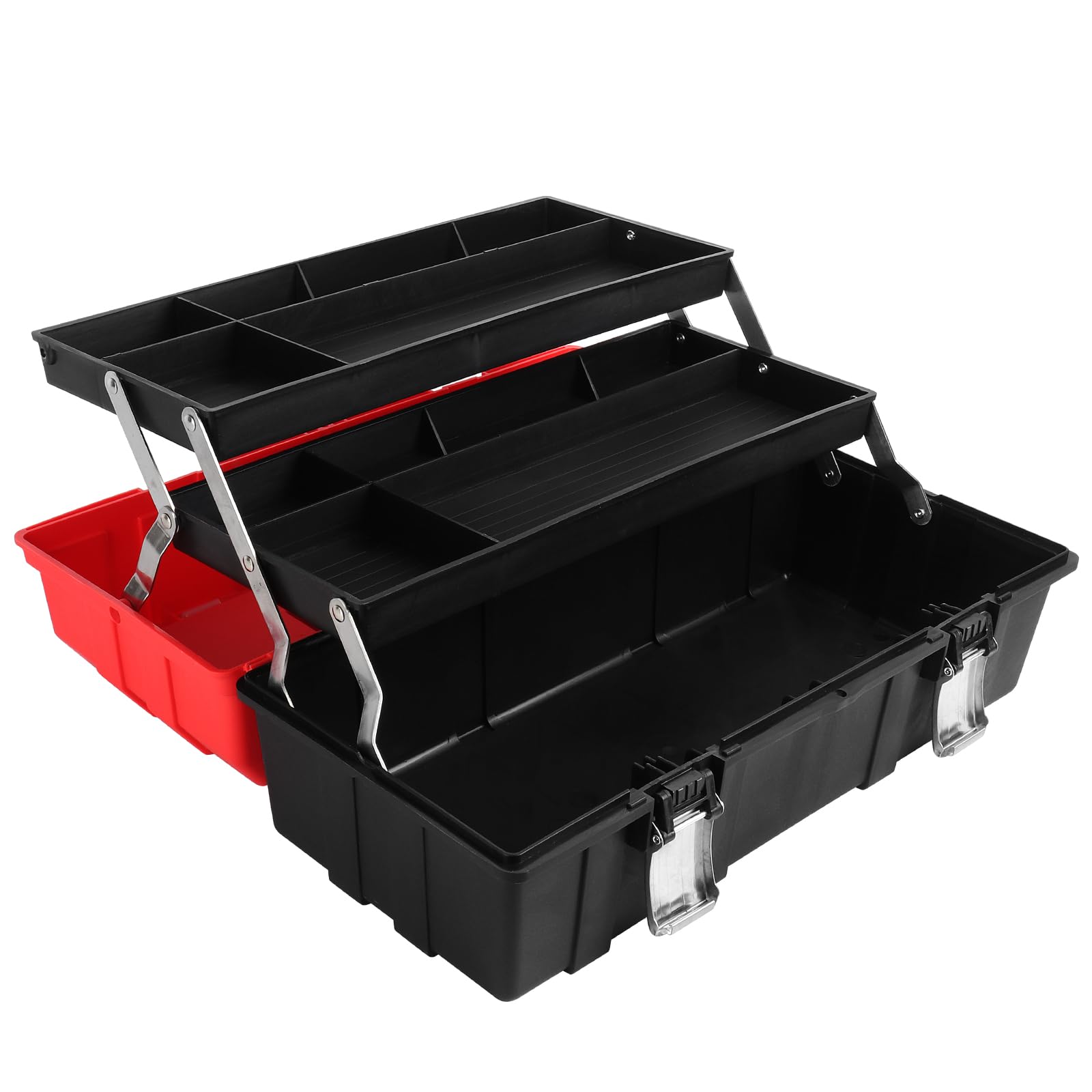 MaxPower Empty Tool Box, 42 x 16.5 x 17 cm Plastic Folding Tool Box Storage Organizer with Three Layers Tray and Dividers