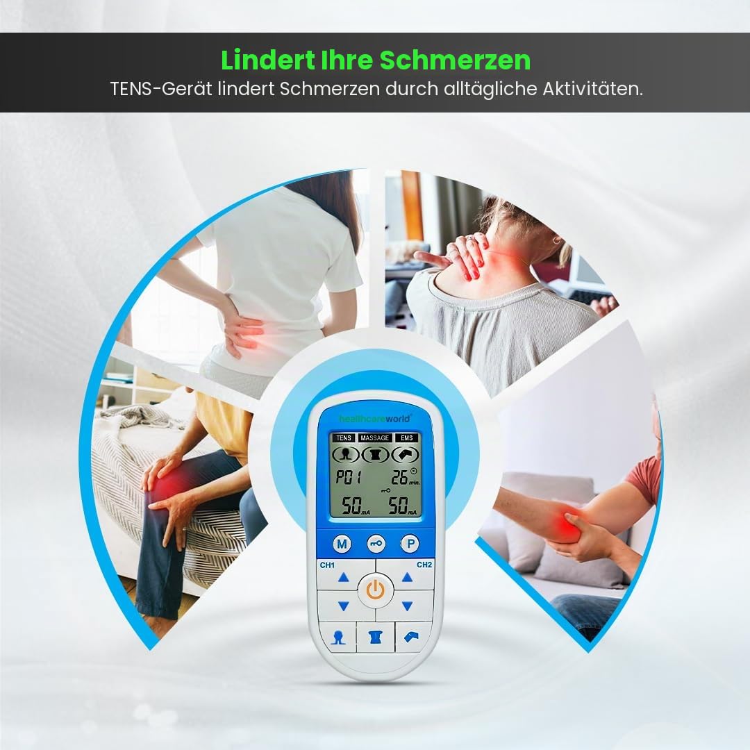 Healthcare World Digitales TENS EMS Gerät – Dual-Channel EMS/TENS für Schmerztherapie, Muskelstimulation, Massage, Physiotherapie & Rehabilitation – 4 Selbstklebende Elektroden, Tragbar