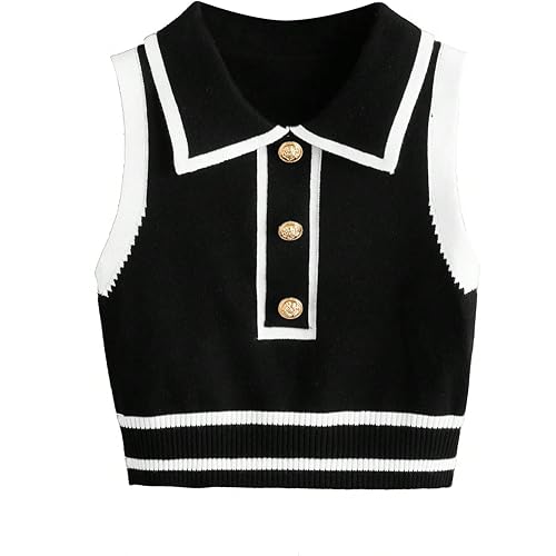 Verdusa Women's Button Front Striped Collar Sleeveless Sweater Vest Knit Top